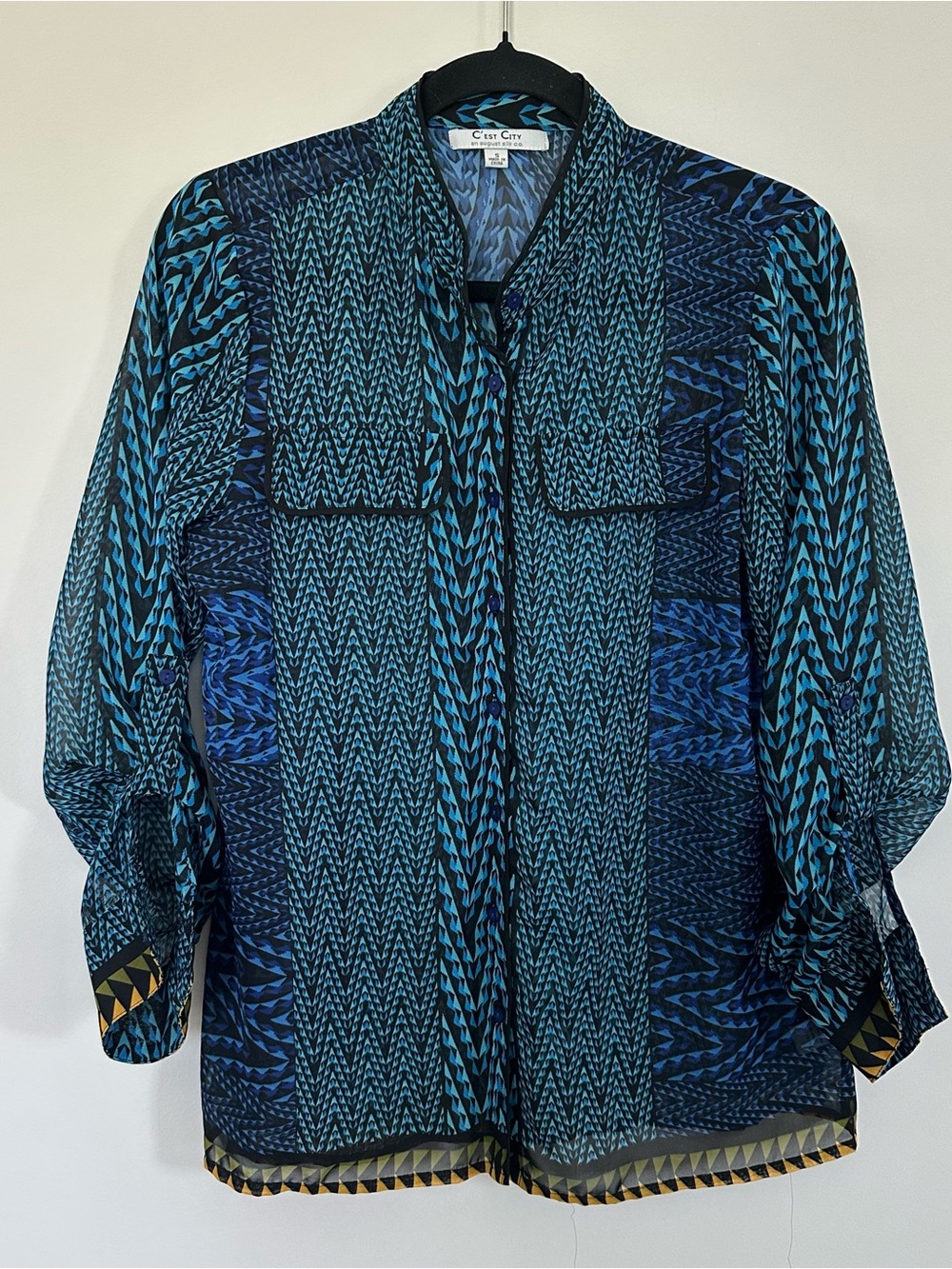 C'est City Blouse Geometric Zigzag Shirt Maximalist Sheer Botton Top Festival Sm
